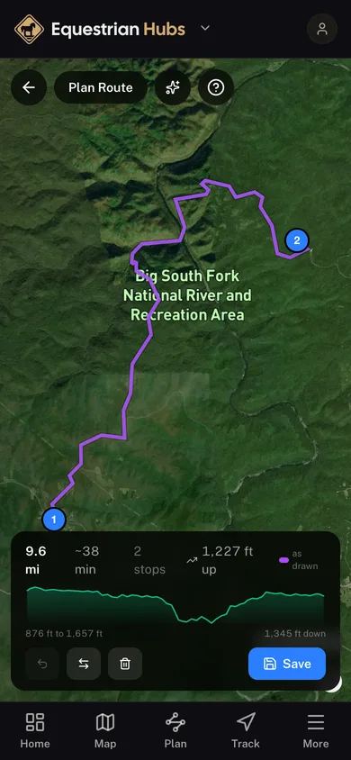 A planned route in the GoHubs app, with its distance, stops and elevation profile